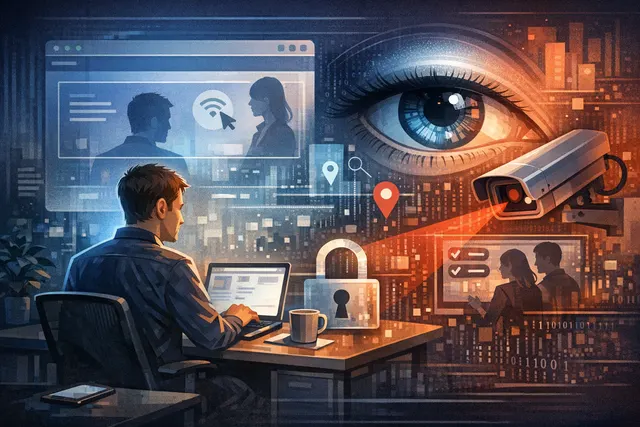 An editorial illustration symbolizing digital workplace privacy concerns related to Microsoft Teams activity and location monitoring features.