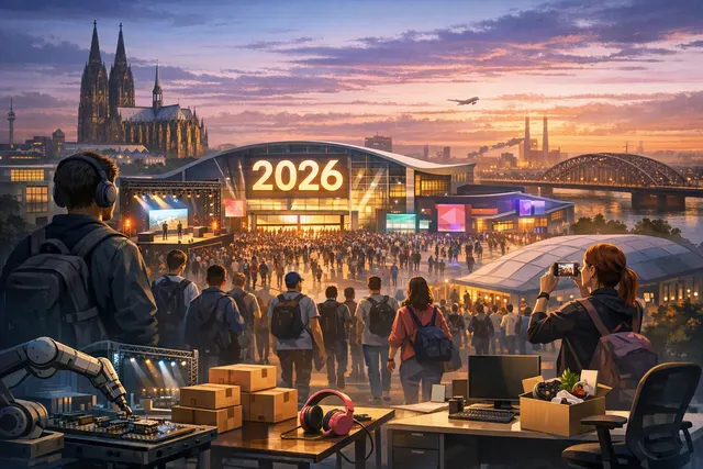 Editorial illustration of Gamescom 2026 in Cologne with video game screens and a crowded convention floor