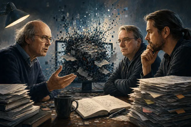 Concept illustration of AI generating software code while human programmers review it