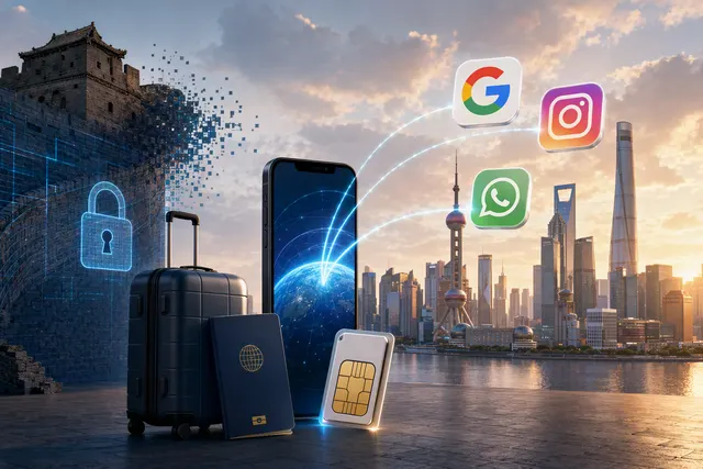 Editorial illustration for staying connected to Google, Instagram and WhatsApp while traveling in China