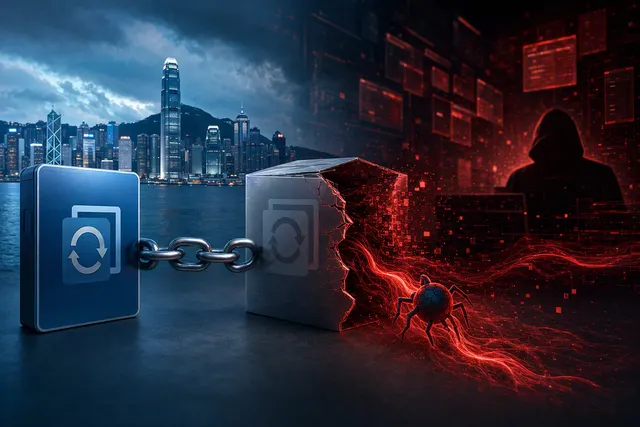 Illustration of a Windows backup update channel being compromised, with malware reaching a computer