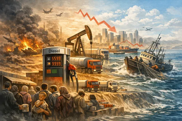 Fishing boats idled at a dock as global diesel prices surge due to the Iran war in 2026