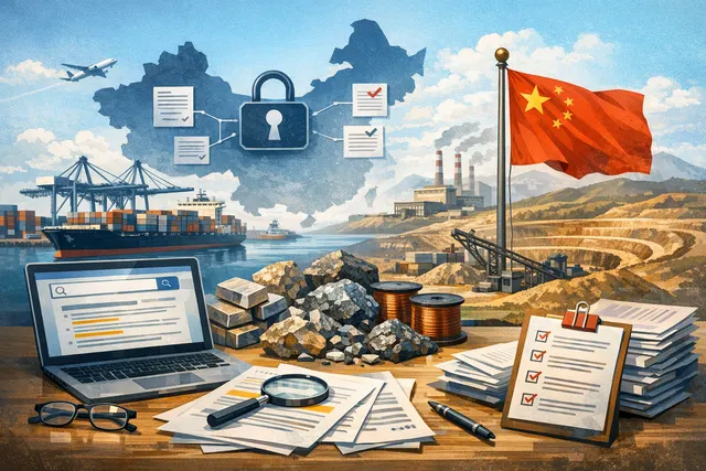 A digital illustration of a globe with rare earth element symbols, supply chain arrows, and industrial silhouettes representing China's critical mineral export controls and their g