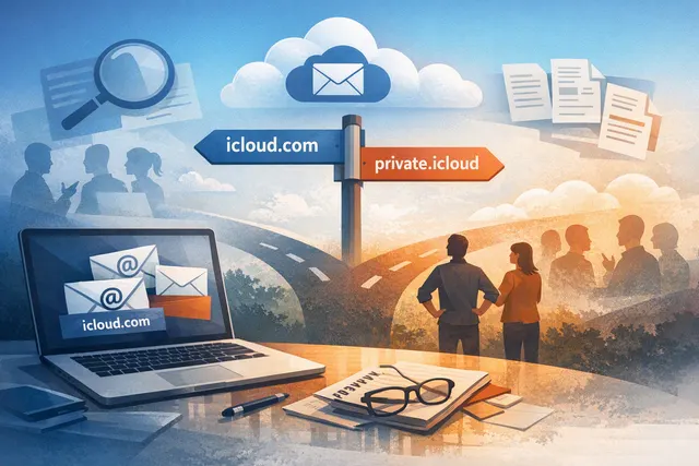 Illustration of Apple reversing its Hide My Email domain change while Sign in with Apple moves to private.icloud.com