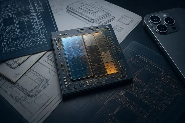 Illustration of an Apple-style mobile processor circuit board representing the rumored A20 Pro chip