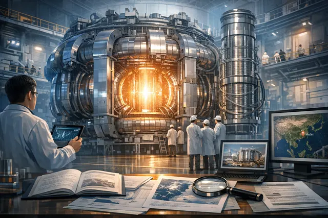 AI-generated rendering of China's world's largest superconducting magnet for a nuclear fusion reactor, showing a massive D-shaped toroidal field coil with glowing plasma inside the