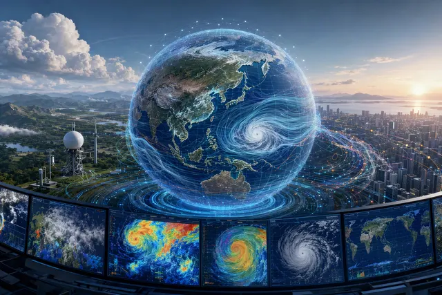 Illustration of global weather patterns and forecast data representing an AI ensemble weather prediction system
