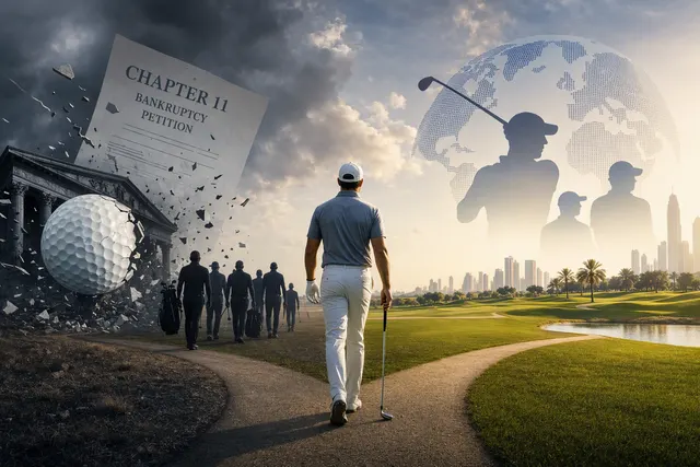 Editorial illustration of Rory McIlroy and LIV Golf’s bankruptcy-driven transition to a new tour model
