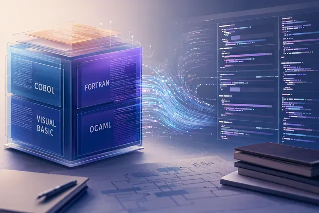 AI-generated editorial illustration accompanying an article about OpenAI’s programming-language benchmarks