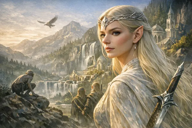 Anya Taylor-Joy depicted as the Sindar Elf Seren in an editorial illustration for The Lord of the Rings: The Hunt for Gollum