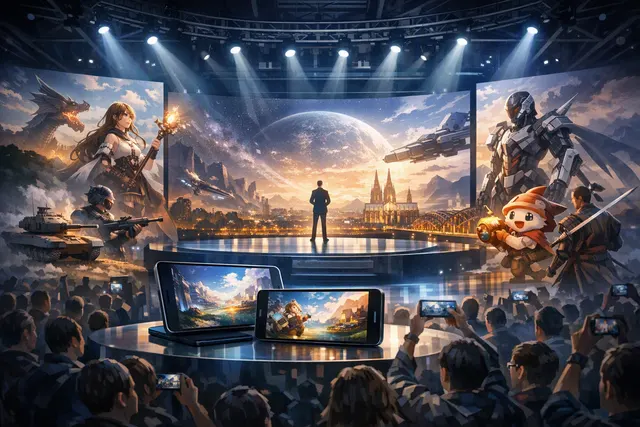 Colorful editorial illustration representing mobile and cross-platform game announcements at Gamescom Opening Night Live 2026