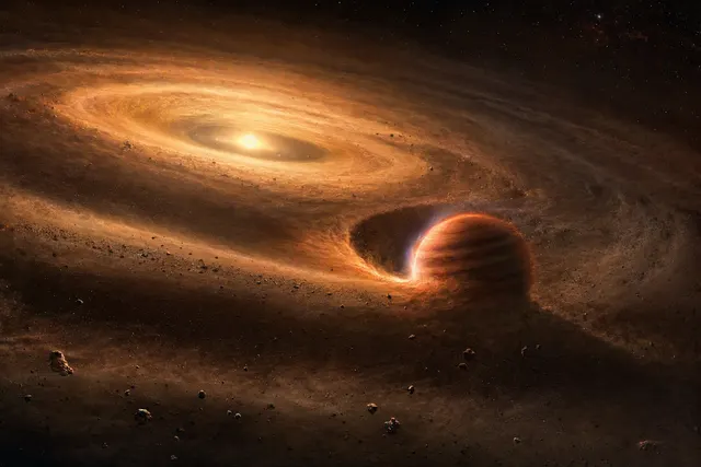 Editorial illustration of the young exoplanet Elias 2-24 b within a protoplanetary disk