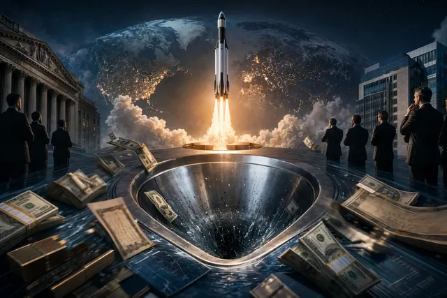 Illustration representing a massive SpaceX IPO absorbing global market liquidity