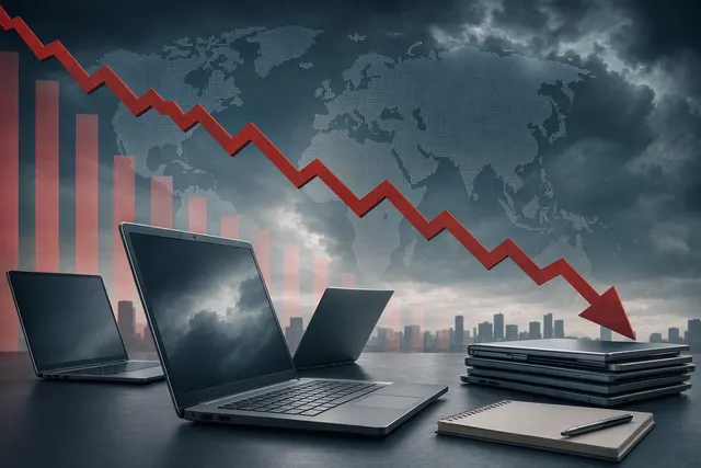 Editorial illustration accompanying a report on the sharp Q3 2026 decline in global PC shipments.