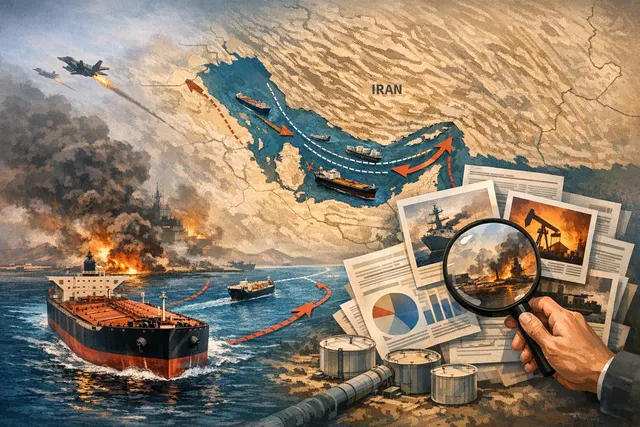 Oil tankers and cargo ships near a narrow maritime strait with a stylized map of the Middle East and Asia in the background, illustrating disrupted global crude flows and the Strai