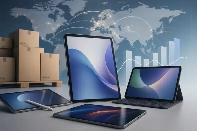 Stylized tablets illustrating the flat global tablet shipment market in Q1 2026