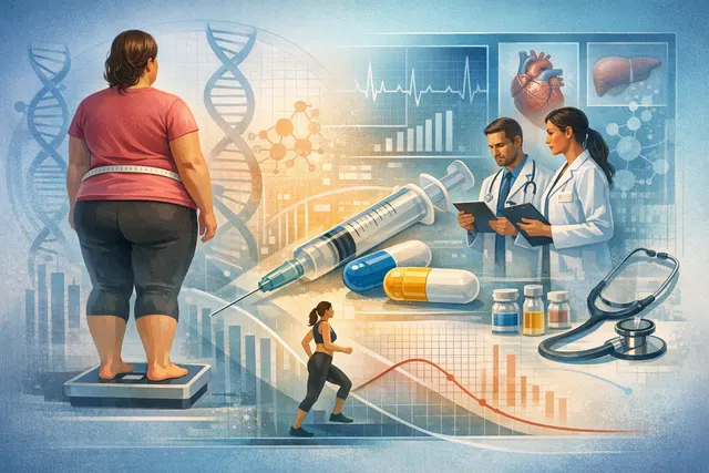 Conceptual illustration of Eli Lilly's retatrutide drug showing molecular structures and body weight loss representation from the TRIUMPH-1 Phase 3 clinical trial results.