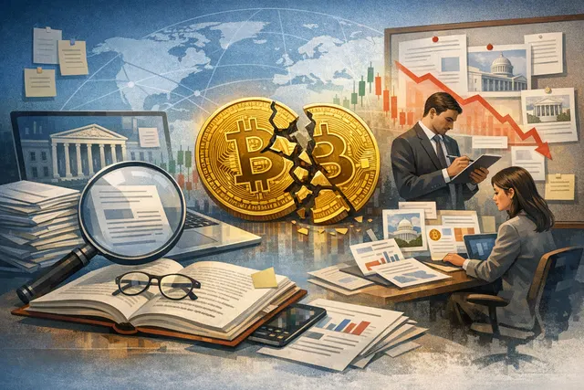 AI-generated illustration of a Bitcoin coin with downward price chart and 'Strategy' corporate logo, symbolizing a large corporate Bitcoin sale at a loss.