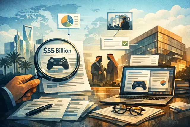 A visual representing the $55 billion acquisition of Electronic Arts by a Saudi-led consortium, featuring EA's logo, the PIF logo, and financial graphics.