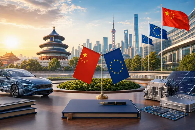 Editorial illustration for China-EU trade talks covering trade negotiations and clean-energy technology