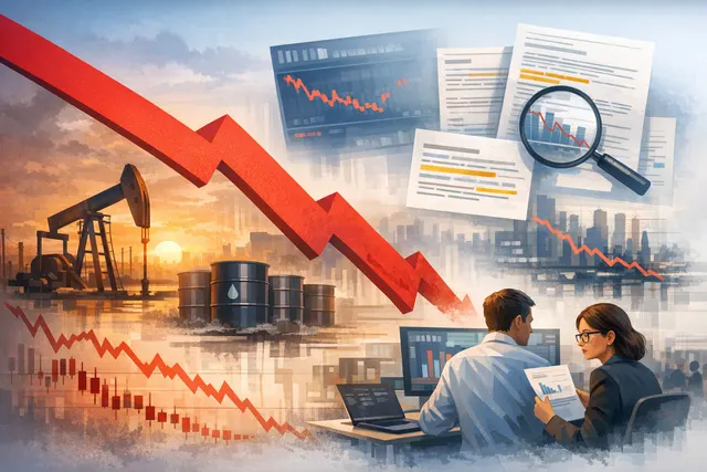 Oil price chart decline and energy stock tickers showing red, representing the July 27, 2026 market sell-off after US-Iran ceasefire