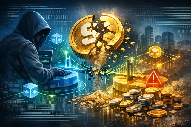 Editorial illustration of a cross-chain bridge vulnerability affecting The Sandbox SAND token on Base and BNB Smart Chain