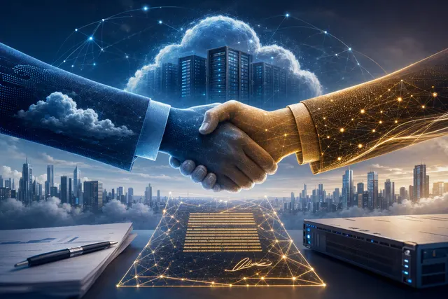 Editorial illustration representing the cloud computing infrastructure behind Akamai’s agreement with Anthropic.