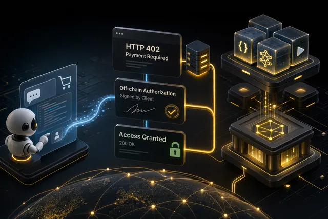 Concept illustration of HTTP 402 payments enabling AI agents and APIs to transact using stablecoins on blockchain