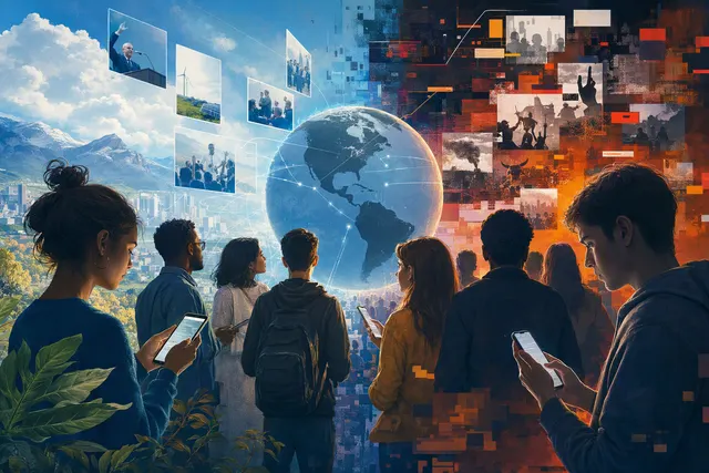 Illustration of social media feeds and political debate