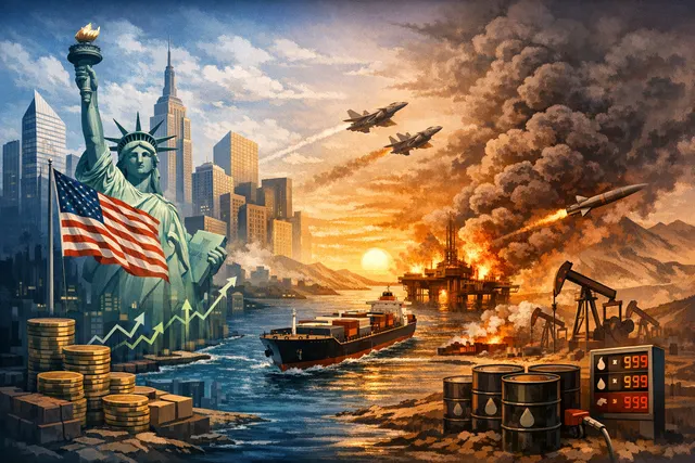 A stylized 3D graph showing a steep upward oil price trend breaking through a crumbling golden 'Goldilocks' scenario, with silhouettes of warships and oil derricks in the backgroun