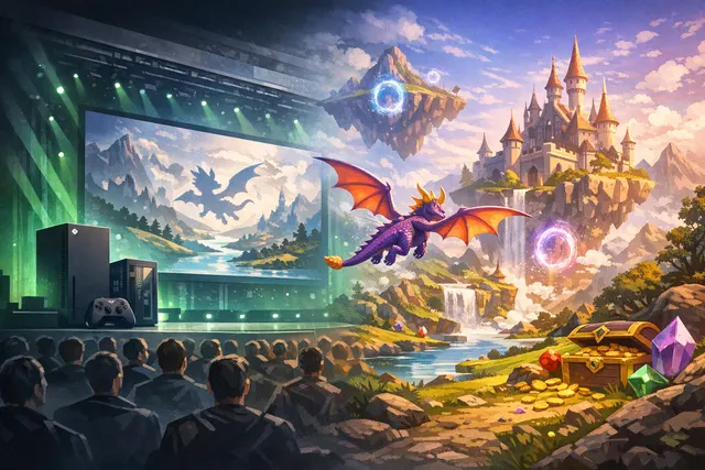 A purple dragon with expanded wings soaring over vibrant fantasy landscapes as shown in the Spyro: A Realm Beyond reveal at the Xbox Games Showcase 2026