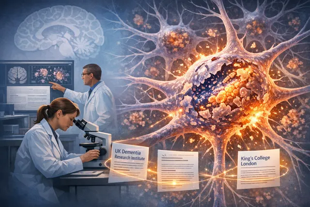 Microscopic visualization of a neuron with a shrinking, disintegrating nucleus representing karyoptosis, a newly discovered cell death mechanism in Alzheimer's disease