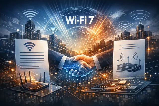 AI-generated editorial illustration representing the HP–Huawei Wi‑Fi patent cross-licensing agreement and Wi‑Fi 7 technology