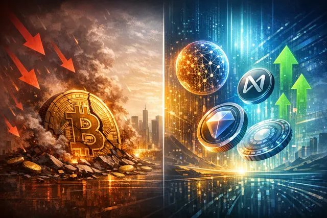 Split chart showing AI crypto tokens rallying upward while Bitcoin price plunges, symbolizing the decoupling of utility-driven crypto assets from the broader market sell-off in Jun