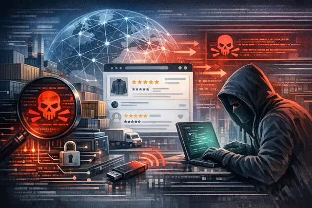 An abstract digital illustration depicting a supply chain attack on a reviews widget, with interconnected nodes representing e-commerce sites and a malicious script being injected