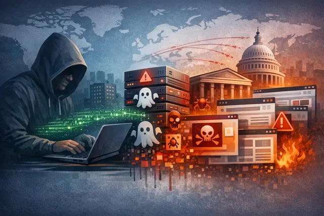 Conceptual visualization of a Ghost CMS SQL injection attack compromising global websites.