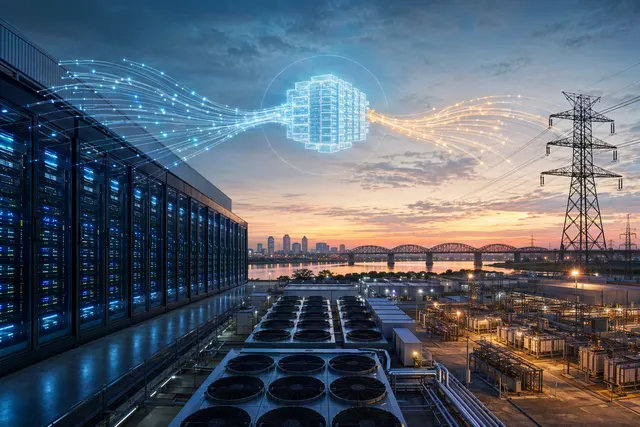 Illustration of a massive AI data center representing xAI’s Colossus compute cluster leased to Anthropic