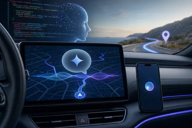Driver using a CarPlay dashboard with Google Maps and an AI voice assistant overlay