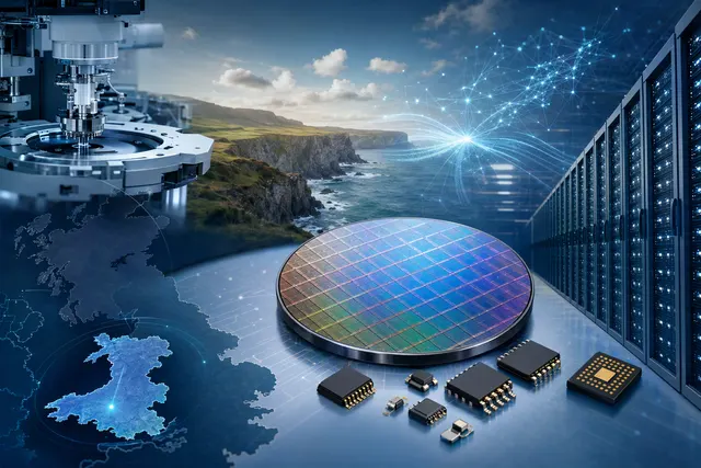 Illustration of semiconductor wafers and AI data-centre infrastructure