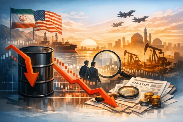 An abstract illustration of an oil barrel with a downward-pointing arrow superimposed over a world map, representing falling Brent crude prices driven by geopolitical factors and h