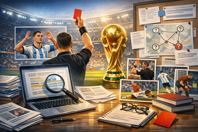 A football referee shows a red card on a World Cup pitch, with a player covering their mouth in the background, representing the new mouth-covering rule at the 2026 FIFA World Cup.