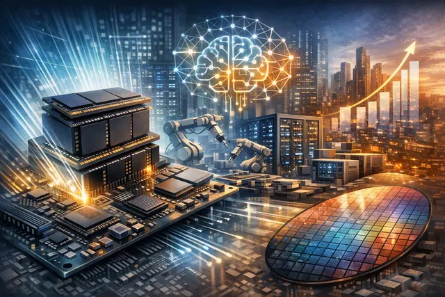 Editorial illustration of stacked high-bandwidth memory chips powering AI data-center infrastructure