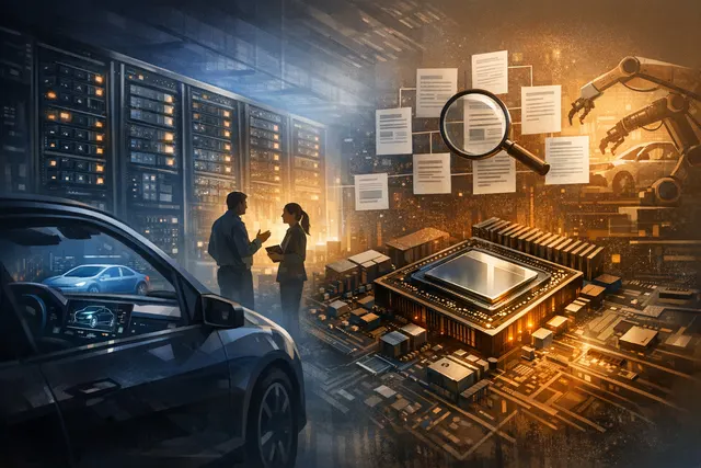 Conceptual image of Nvidia GPU chips with a road and autonomous vehicle silhouette, representing the intersection of AI compute and self-driving cars.