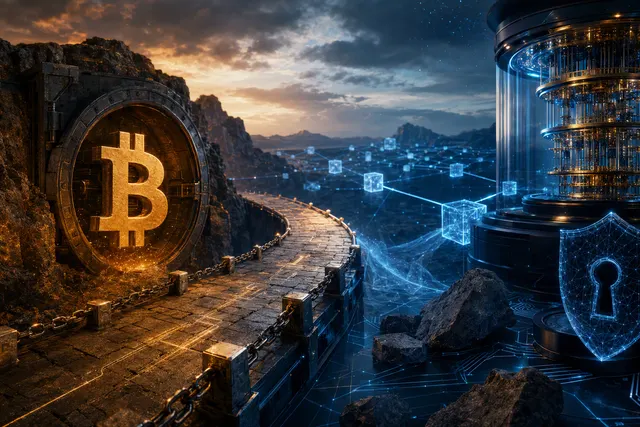Editorial illustration about Bitcoin security and the potential impact of quantum computing