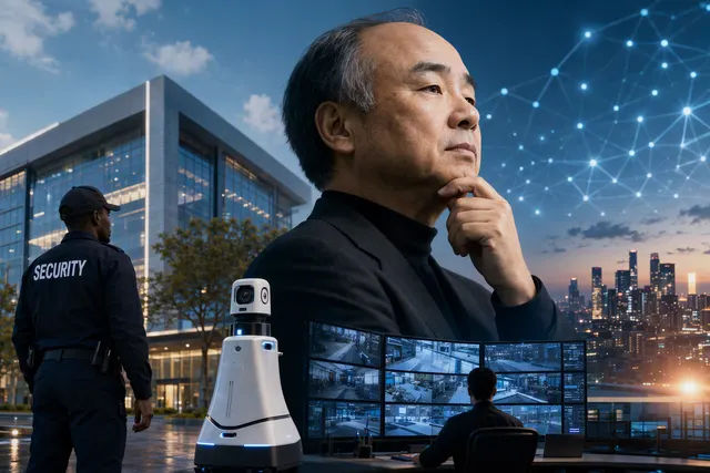AI-generated illustration for a report about SoftBank’s preliminary consideration of acquiring Allied Universal and deploying security robots