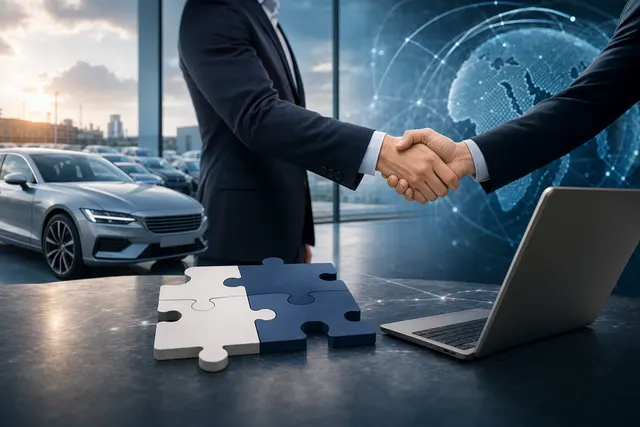 Illustration representing a digital automotive remarketing platform managing vehicle trade, logistics, and inventory across Europe