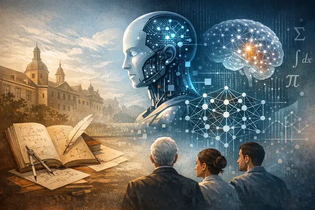 Editorial illustration of a chalkboard covered in mathematical formulas, with digital AI nodes glowing around the edges, symbolizing the tension between traditional proof and autom