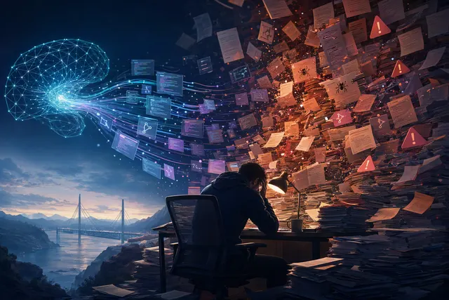 Illustration representing AI-generated code and security findings awaiting open-source maintainer review