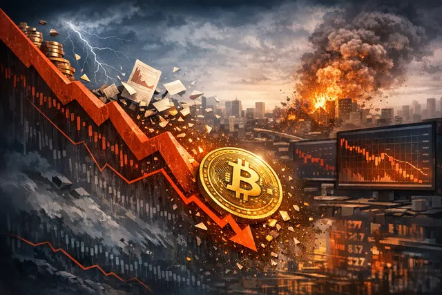 A distressed golden Bitcoin coin with a red downward trend line, symbolizing the June 2026 price crash to $59,100.