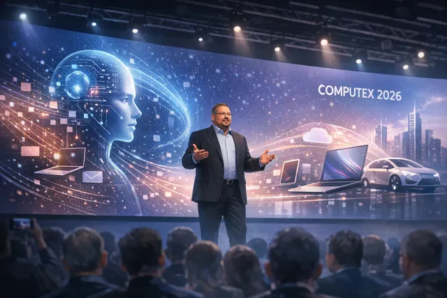 Qualcomm CEO Cristiano Amon gesturing on stage at Computex 2026 keynote, with a large screen displaying an AI agent digital interface and the brand logos for Snapdragon and Dragonf